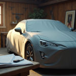 Voiture garée dans un garage privé avec couverture fine et documents
