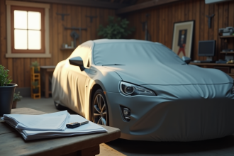 Voiture garée dans un garage privé avec couverture fine et documents