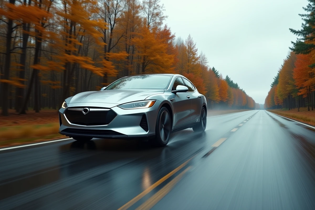 Voiture hybride en mouvement sur une route mouillée en forêt d'automne, illustrant la conduite quotidienne avec la transmission e-DCS6