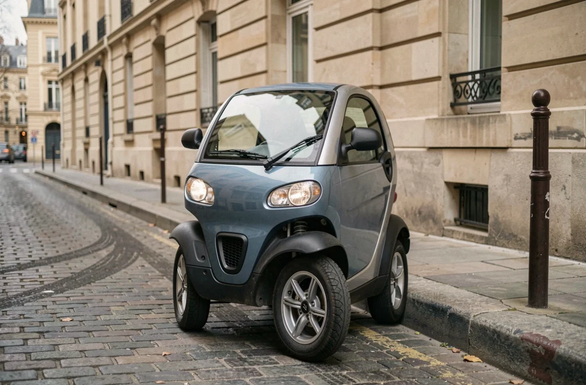 Voiture sans permis garée dans une rue urbaine française, illustration du véhicule compact accessible sans permis de conduire