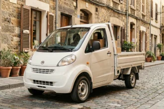 Voiture sans permis utilitaire blanche chargée de colis de livraison, garée dans une rue pavée commerçante
