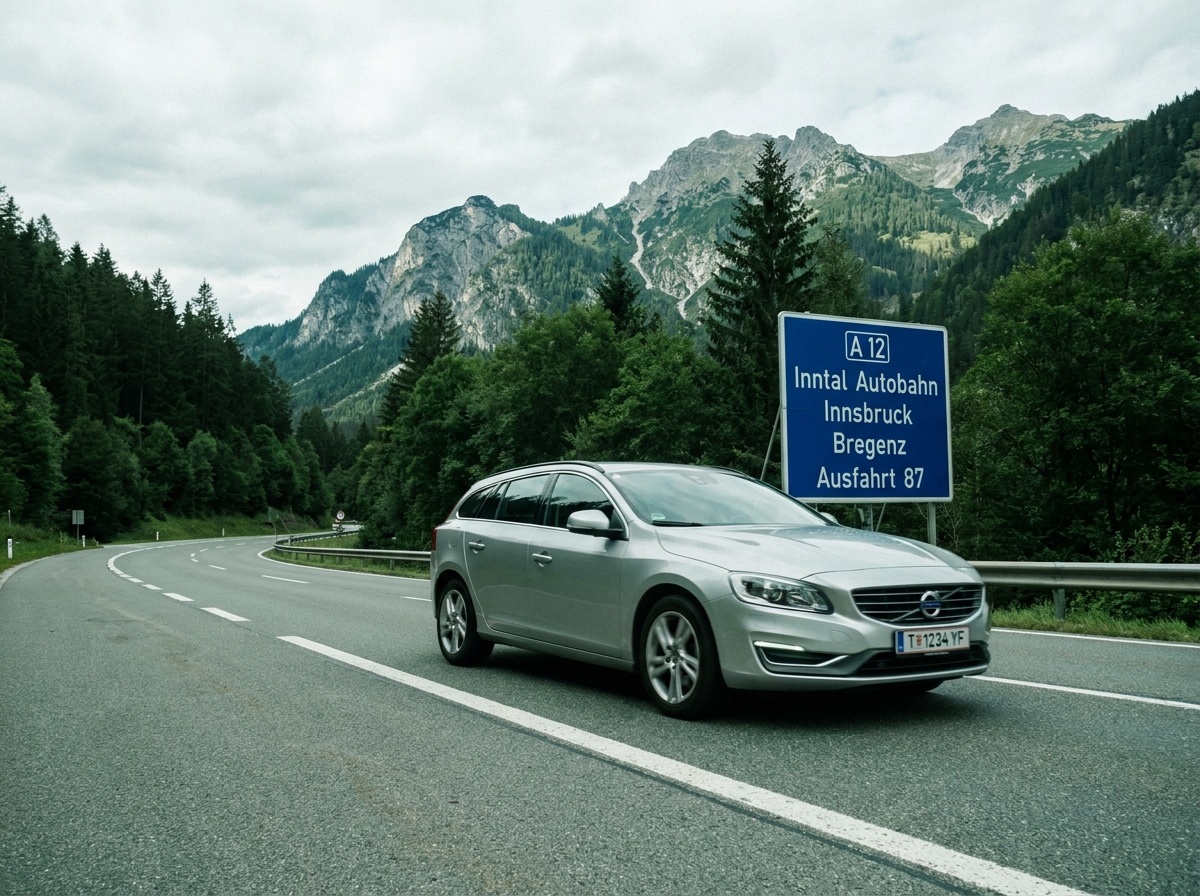 Voiture familiale avec vignette autoroutière autrichienne roulant sur une autoroute de montagne en Autriche avec paysage alpin