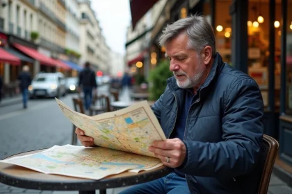 Homme d'âge moyen examinant une carte routière à Paris
