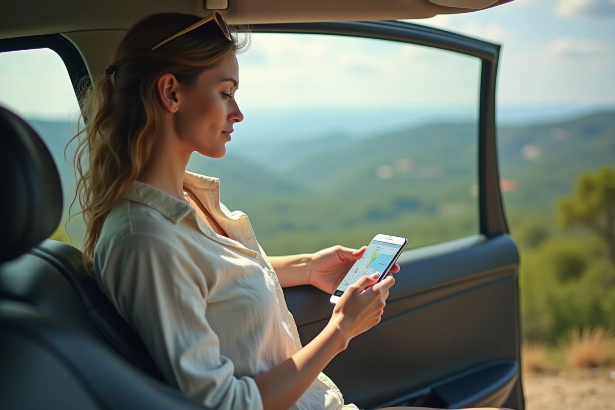 Voyageuse seule consultant une application de road trip sur son téléphone depuis un belvédère d'autoroute avec vue sur une vallée française