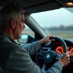 Conducteur regardant un voyant d'alerte du filtre à particules allumé sur le tableau de bord en roulant sur autoroute
