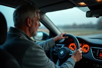 Conducteur regardant un voyant d'alerte du filtre à particules allumé sur le tableau de bord en roulant sur autoroute
