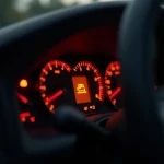 Voyant orange rond allumé sur le tableau de bord d'une Peugeot, vue du conducteur en faible profondeur de champ