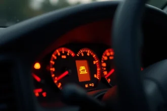 Voyant orange rond allumé sur le tableau de bord d'une Peugeot, vue du conducteur en faible profondeur de champ
