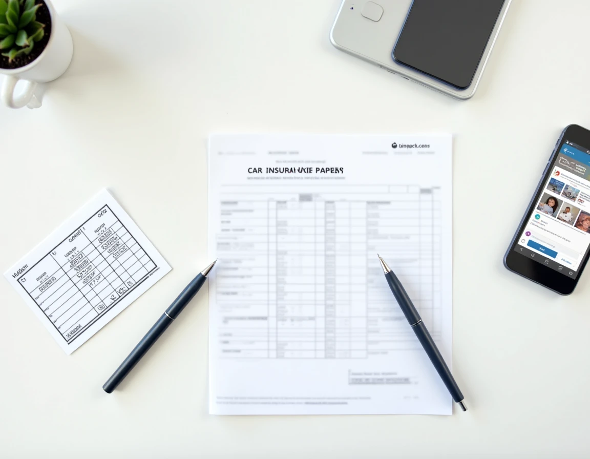 Vue de dessus tableau de conversion CC CV assurance auto avec police d'assurance et smartphone