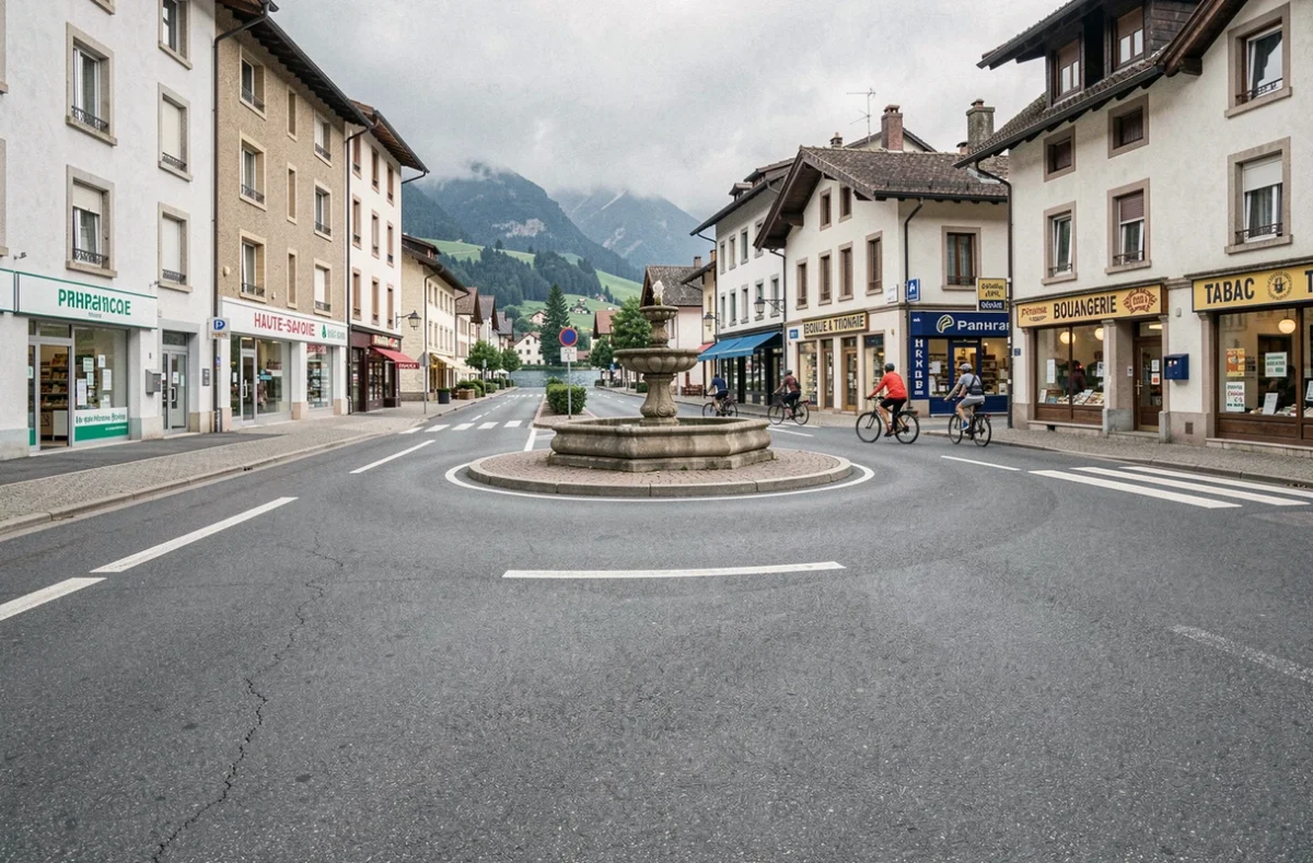 Vue de la Route de Thonon traversant un village de Haute-Savoie avec commerces et cyclistes