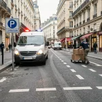 Zone de livraison à Paris avec lignes pointillées peintes sur l'asphalte et panneau réglementaire LIVRAISON, fourgonnette de livraison garée et livreur déchargeant des colis