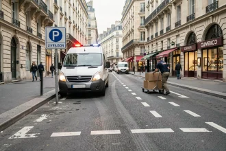 Zone de livraison à Paris avec lignes pointillées peintes sur l'asphalte et panneau réglementaire LIVRAISON, fourgonnette de livraison garée et livreur déchargeant des colis